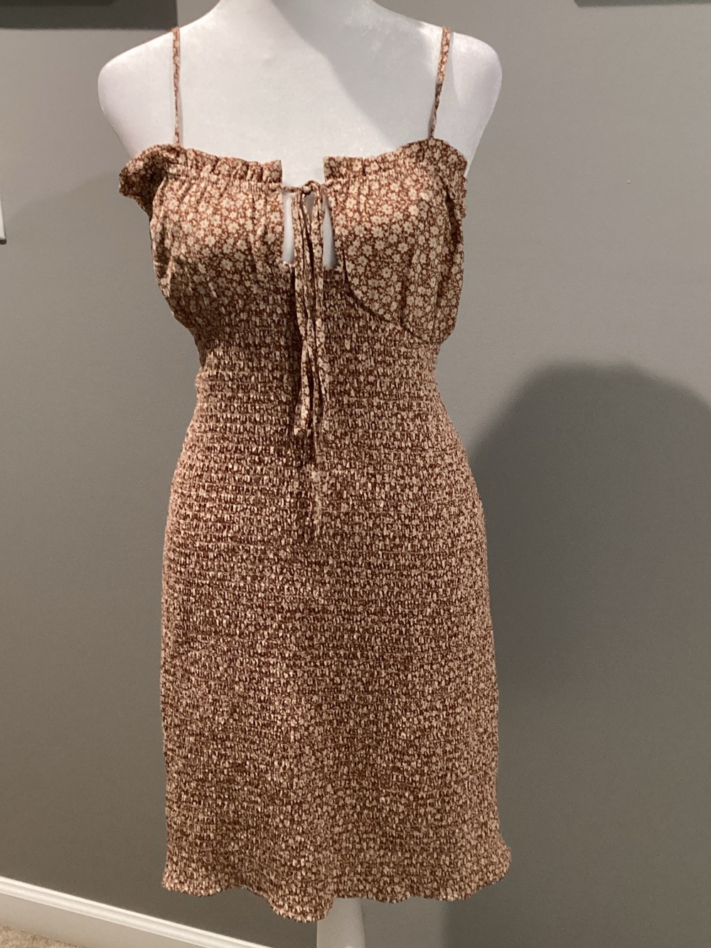 Blush BJ Brown Floral Smocked Mini Dress Tie Front Layered Ruffle Hem 2XL